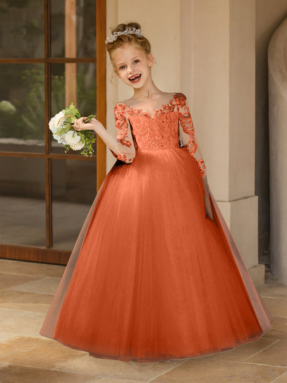 Robe Col Rond en Tulle pour Petite Fille d'Honneur avec Appliques et Nœud en Satin