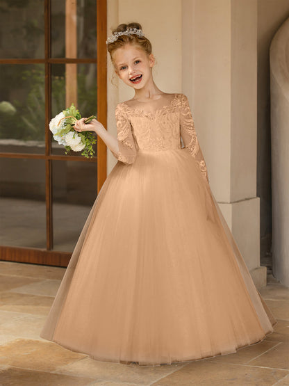 Robe Col Rond en Tulle pour Petite Fille d'Honneur avec Appliques et Nœud en Satin