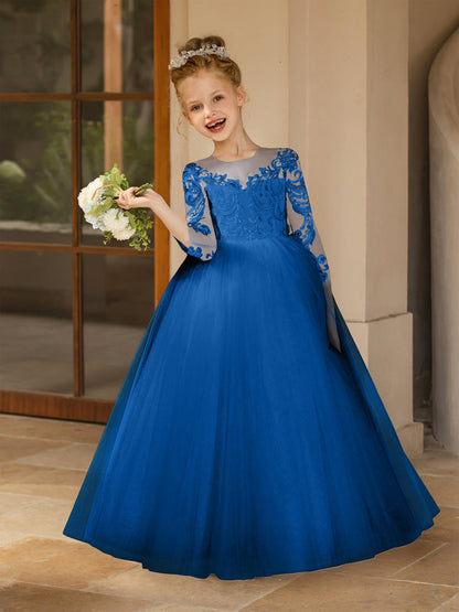 Robe Col Rond en Tulle pour Petite Fille d'Honneur avec Appliques et Nœud en Satin