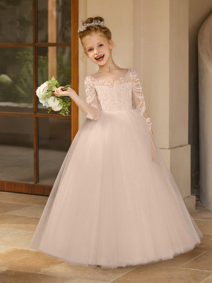 Robe Col Rond en Tulle pour Petite Fille d'Honneur avec Appliques et Nœud en Satin