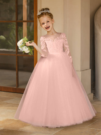 Robe Col Rond en Tulle pour Petite Fille d'Honneur avec Appliques et Nœud en Satin