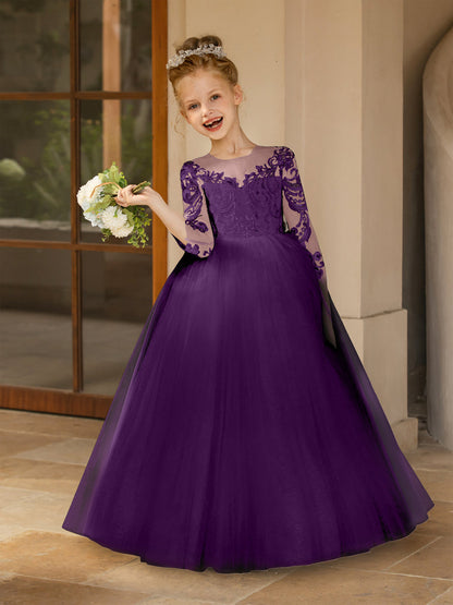Robe Col Rond en Tulle pour Petite Fille d'Honneur avec Appliques et Nœud en Satin