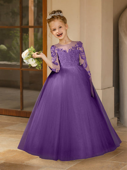 Robe Col Rond en Tulle pour Petite Fille d'Honneur avec Appliques et Nœud en Satin