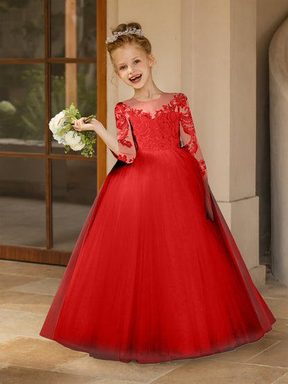 Robe Col Rond en Tulle pour Petite Fille d'Honneur avec Appliques et Nœud en Satin