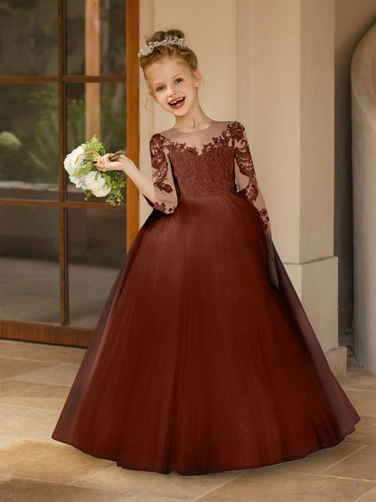 Robe Col Rond en Tulle pour Petite Fille d'Honneur avec Appliques et Nœud en Satin