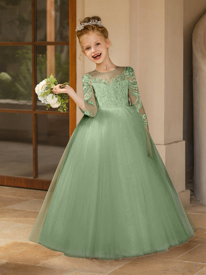 Robe Col Rond en Tulle pour Petite Fille d'Honneur avec Appliques et Nœud en Satin