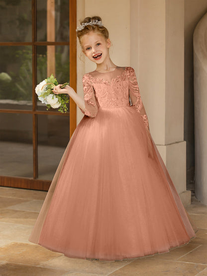 Robe Col Rond en Tulle pour Petite Fille d'Honneur avec Appliques et Nœud en Satin