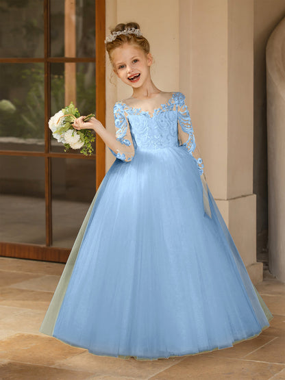Robe Col Rond en Tulle pour Petite Fille d'Honneur avec Appliques et Nœud en Satin