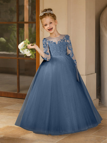 Robe Col Rond en Tulle pour Petite Fille d'Honneur avec Appliques et Nœud en Satin