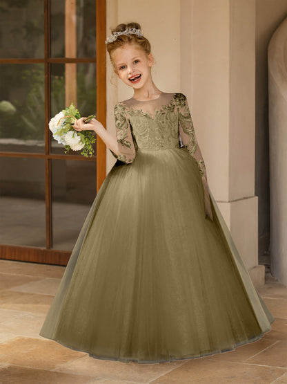 Robe Col Rond en Tulle pour Petite Fille d'Honneur avec Appliques et Nœud en Satin
