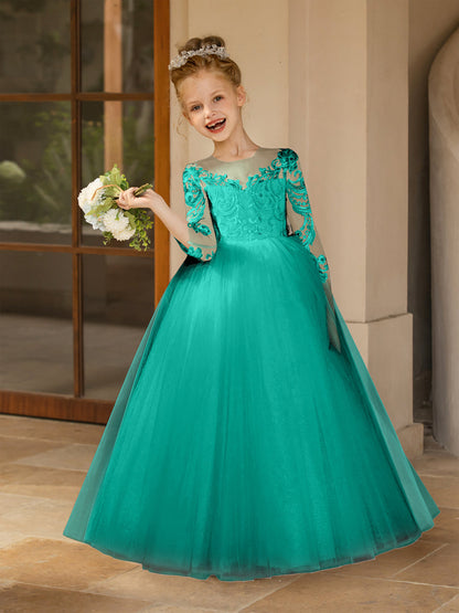 Robe Col Rond en Tulle pour Petite Fille d'Honneur avec Appliques et Nœud en Satin