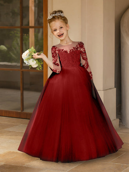 Robe Col Rond en Tulle pour Petite Fille d'Honneur avec Appliques et Nœud en Satin