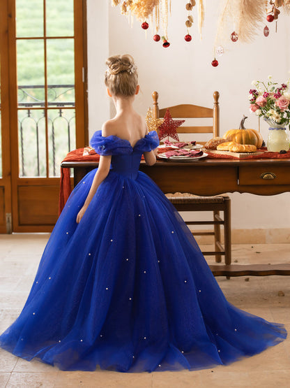 Robe Épaules Dénudées en Tulle pour Petite Fille d'Honneur avec Perles