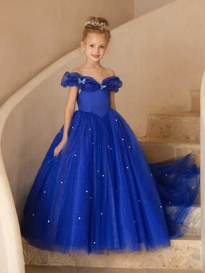 Robe Épaules Dénudées en Tulle pour Petite Fille d'Honneur avec Perles