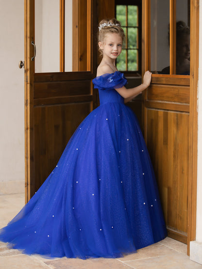 Robe Épaules Dénudées en Tulle pour Petite Fille d'Honneur avec Perles