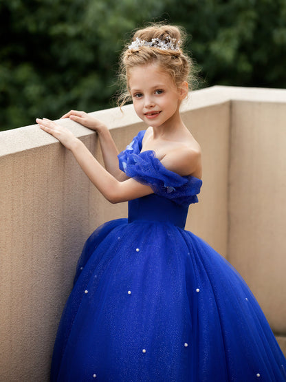 Robe Épaules Dénudées en Tulle pour Petite Fille d'Honneur avec Perles