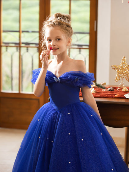 Robe Épaules Dénudées en Tulle pour Petite Fille d'Honneur avec Perles