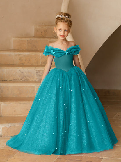 Robe Épaules Dénudées en Tulle pour Petite Fille d'Honneur avec Perles