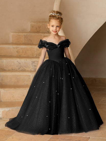 Robe Épaules Dénudées en Tulle pour Petite Fille d'Honneur avec Perles