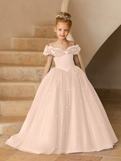 Robe Épaules Dénudées en Tulle pour Petite Fille d'Honneur avec Perles