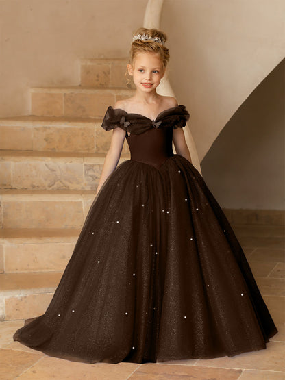 Robe Épaules Dénudées en Tulle pour Petite Fille d'Honneur avec Perles