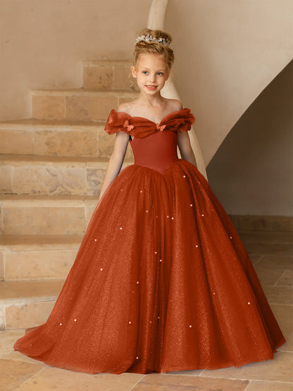 Robe Épaules Dénudées en Tulle pour Petite Fille d'Honneur avec Perles
