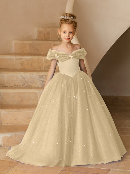 Robe Épaules Dénudées en Tulle pour Petite Fille d'Honneur avec Perles