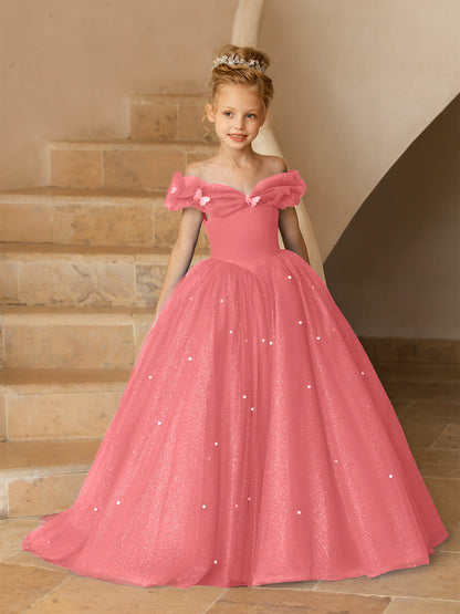 Robe Épaules Dénudées en Tulle pour Petite Fille d'Honneur avec Perles