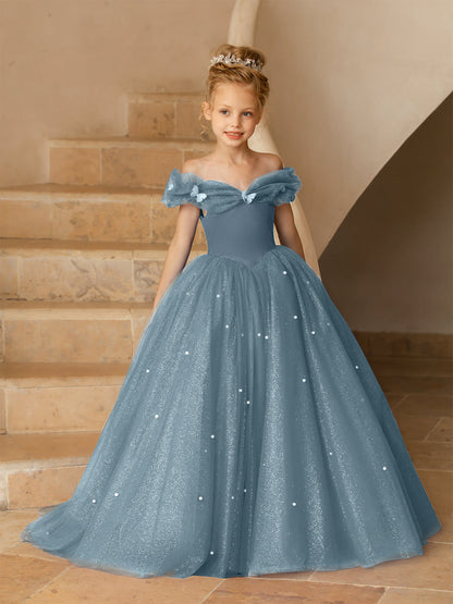 Robe Épaules Dénudées en Tulle pour Petite Fille d'Honneur avec Perles