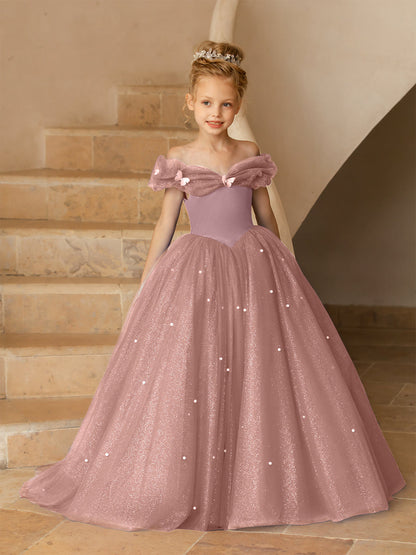 Robe Épaules Dénudées en Tulle pour Petite Fille d'Honneur avec Perles
