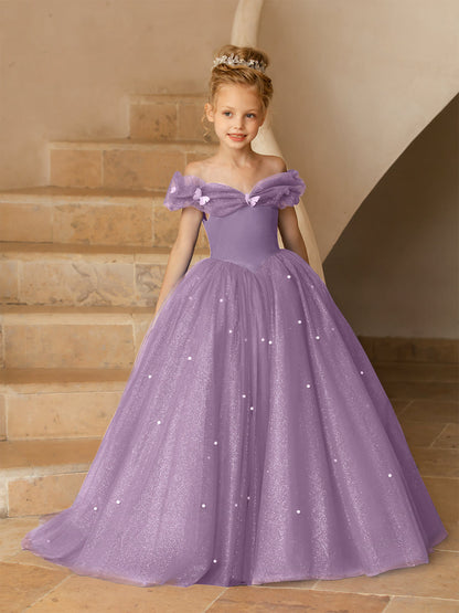 Robe Épaules Dénudées en Tulle pour Petite Fille d'Honneur avec Perles