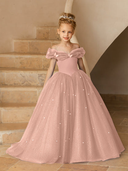 Robe Épaules Dénudées en Tulle pour Petite Fille d'Honneur avec Perles