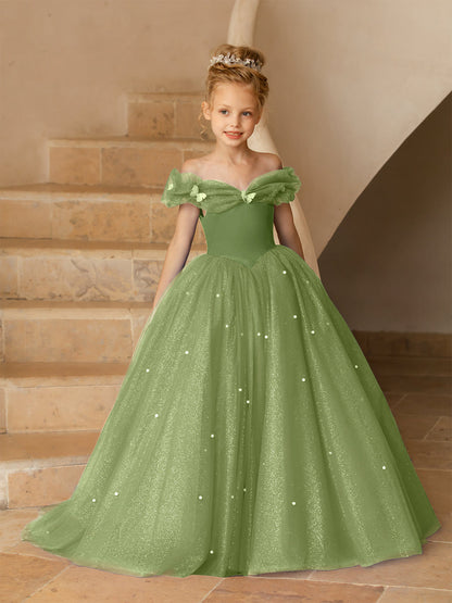 Robe Épaules Dénudées en Tulle pour Petite Fille d'Honneur avec Perles