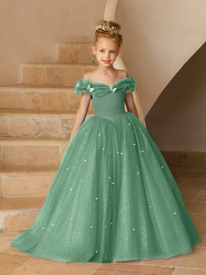 Robe Épaules Dénudées en Tulle pour Petite Fille d'Honneur avec Perles