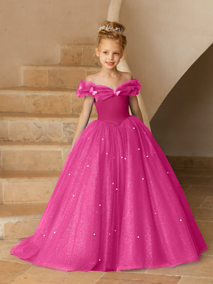 Robe Épaules Dénudées en Tulle pour Petite Fille d'Honneur avec Perles