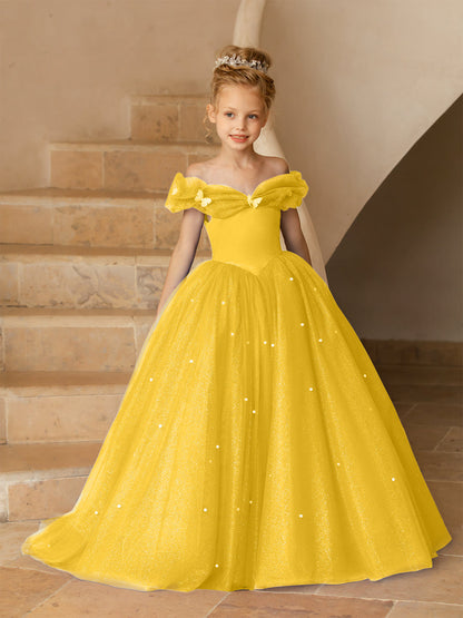 Robe Épaules Dénudées en Tulle pour Petite Fille d'Honneur avec Perles