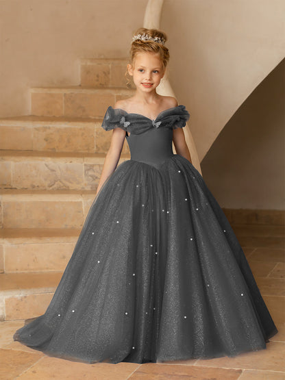 Robe Épaules Dénudées en Tulle pour Petite Fille d'Honneur avec Perles