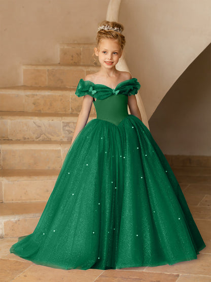 Robe Épaules Dénudées en Tulle pour Petite Fille d'Honneur avec Perles