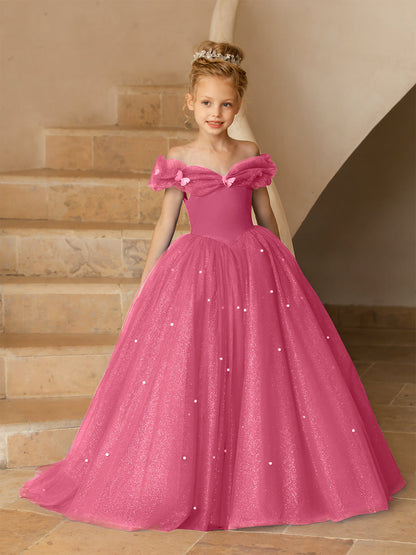 Robe Épaules Dénudées en Tulle pour Petite Fille d'Honneur avec Perles