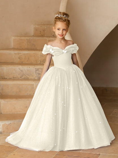Robe Épaules Dénudées en Tulle pour Petite Fille d'Honneur avec Perles