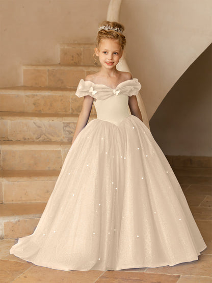 Robe Épaules Dénudées en Tulle pour Petite Fille d'Honneur avec Perles