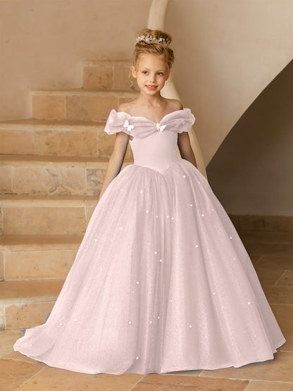 Robe Épaules Dénudées en Tulle pour Petite Fille d'Honneur avec Perles