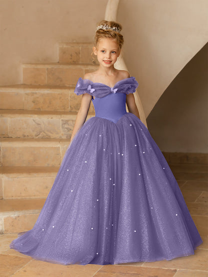 Robe Épaules Dénudées en Tulle pour Petite Fille d'Honneur avec Perles