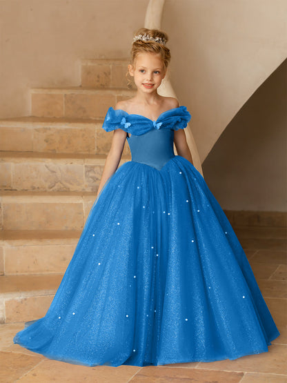 Robe Épaules Dénudées en Tulle pour Petite Fille d'Honneur avec Perles