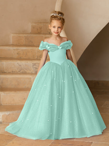 Robe Épaules Dénudées en Tulle pour Petite Fille d'Honneur avec Perles