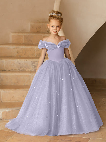Robe Épaules Dénudées en Tulle pour Petite Fille d'Honneur avec Perles