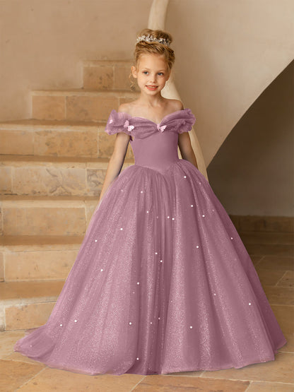 Robe Épaules Dénudées en Tulle pour Petite Fille d'Honneur avec Perles