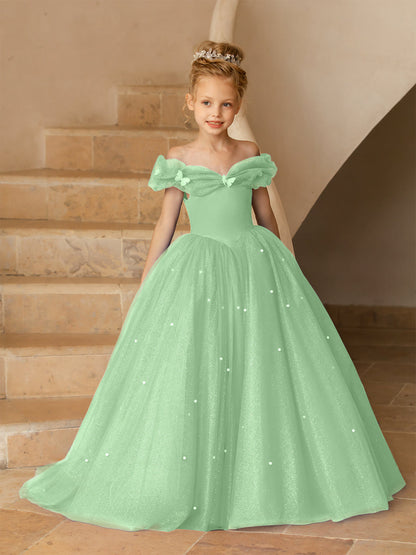 Robe Épaules Dénudées en Tulle pour Petite Fille d'Honneur avec Perles