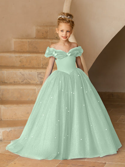 Robe Épaules Dénudées en Tulle pour Petite Fille d'Honneur avec Perles