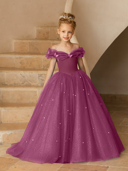 Robe Épaules Dénudées en Tulle pour Petite Fille d'Honneur avec Perles